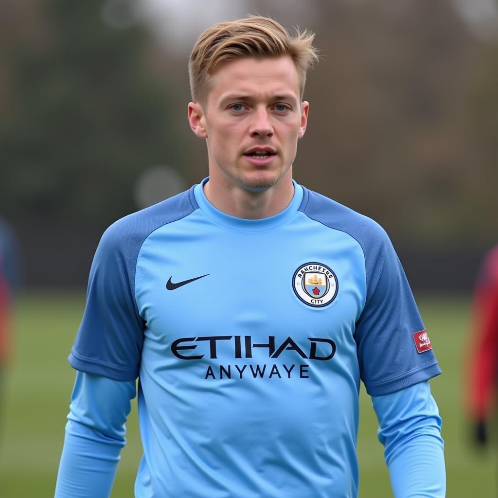 Alfie Haaland wearing a Manchester City kit during his time at the club.