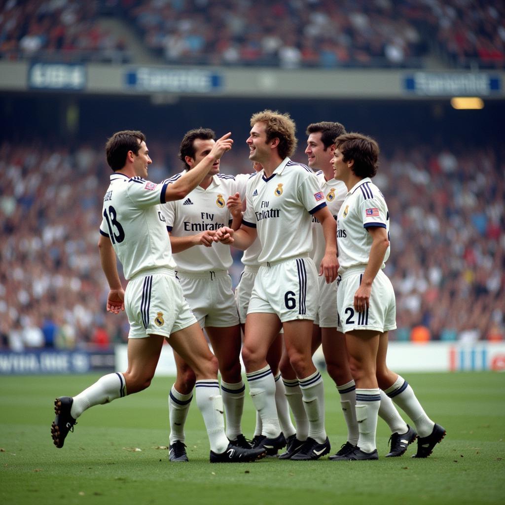 Alfredo Di Stéfano celebrating a goal with Real Madrid teammates