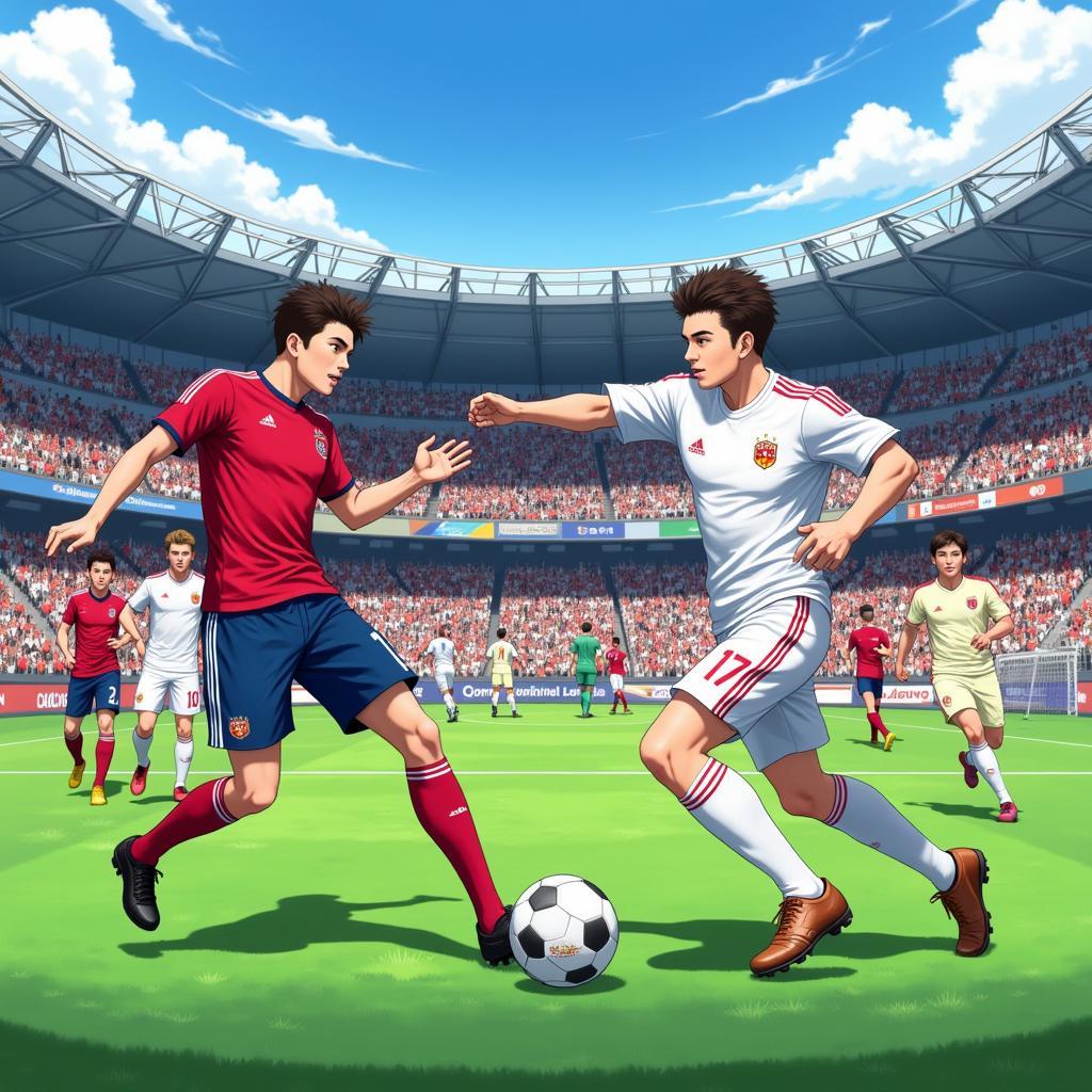 Anime football players from Europe and Asia competing fiercely