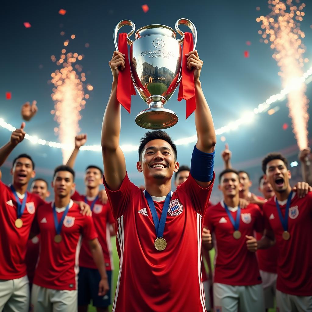 An Asian Captain Lifting the Champions League Trophy