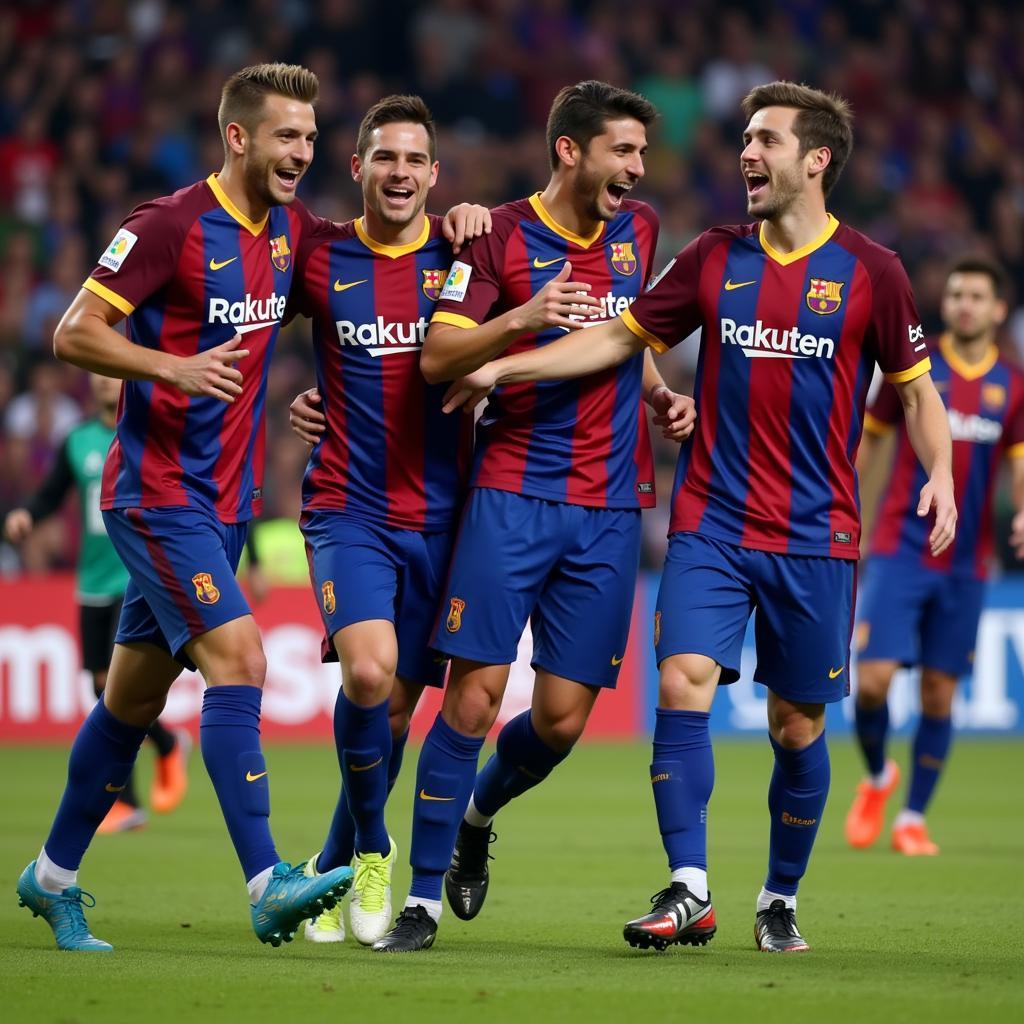 Barca B players celebrating a goal after a successful attack