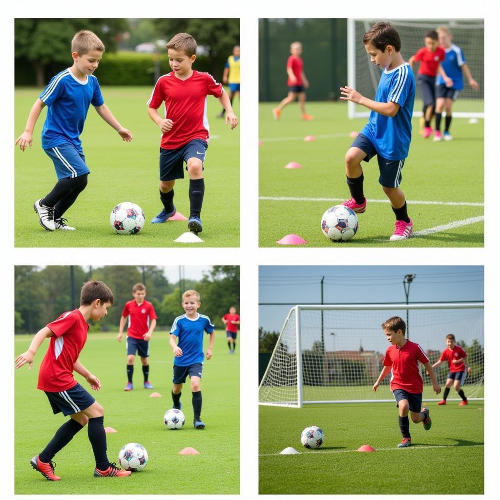 Children practicing fundamental football skills