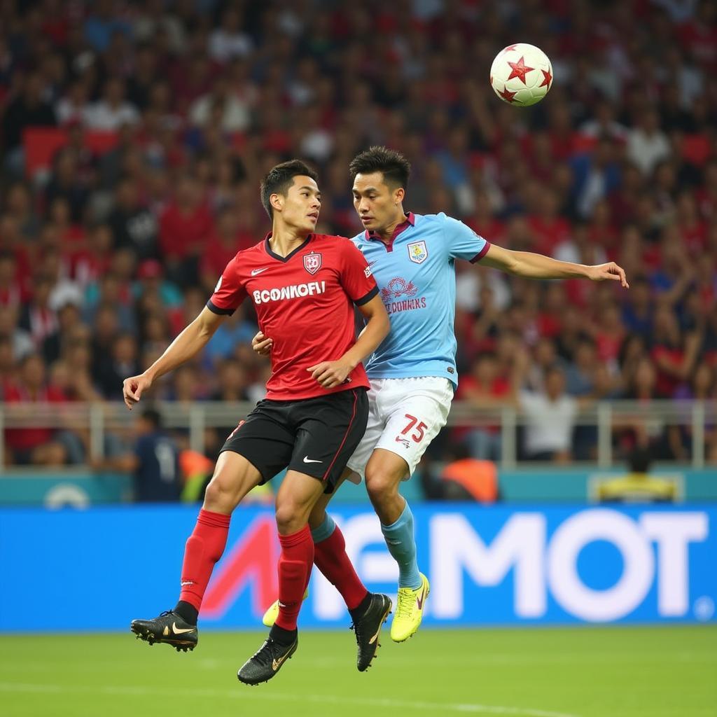 Becamex Binh Duong players contesting an aerial duel in 2017