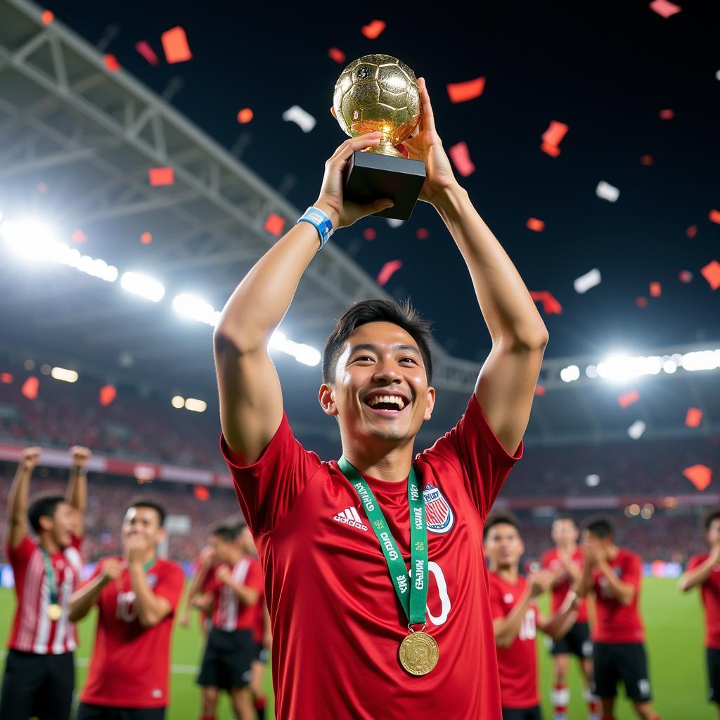 Asian Footballer Celebrates Winning Award