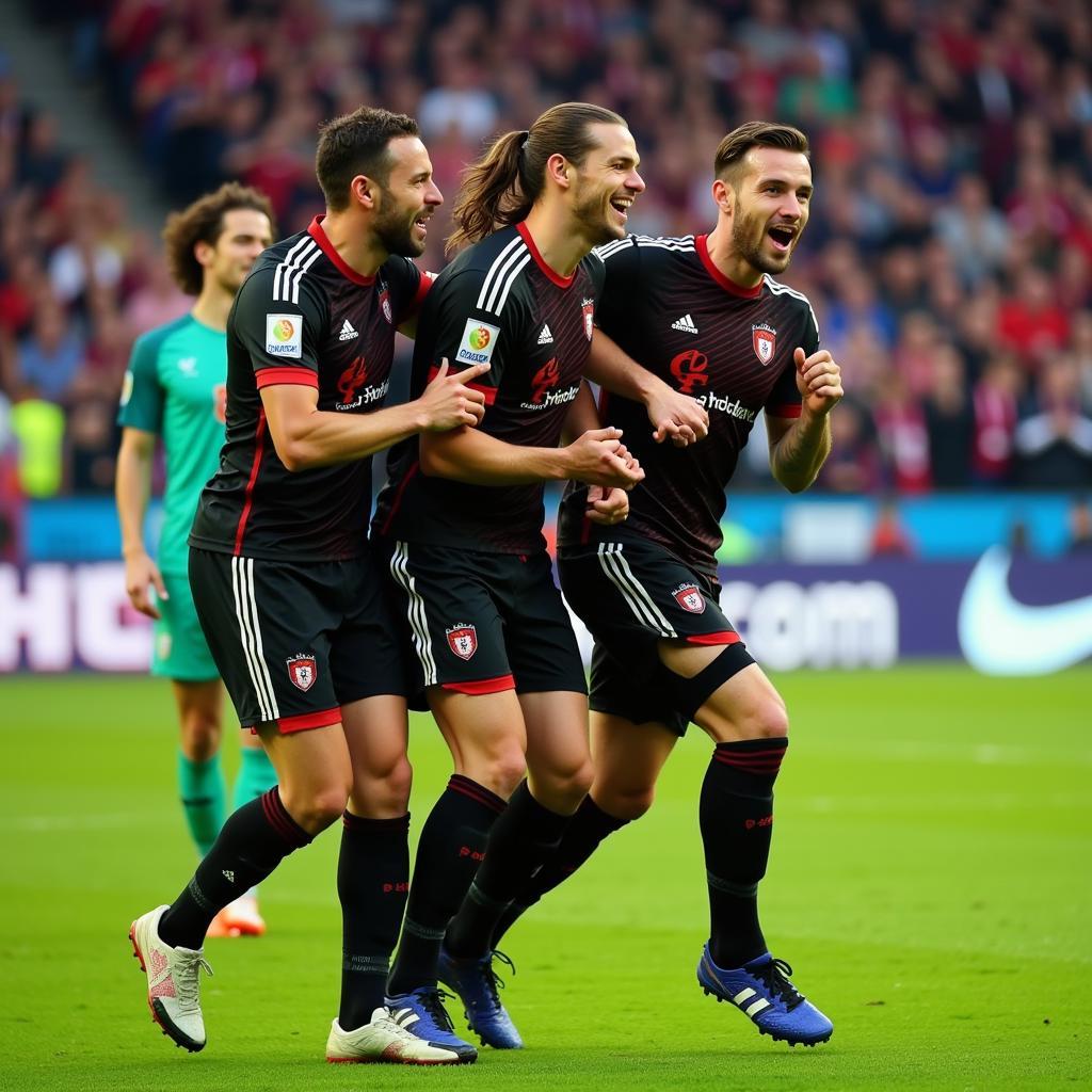 Top football players celebrating a goal together, demonstrating teamwork and synergy.