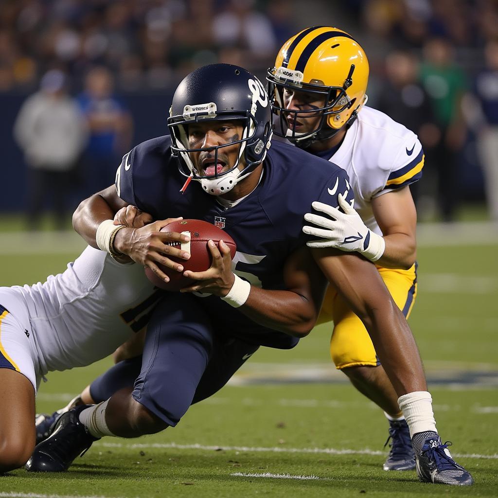 Football Player Biting Tongue During Tackle