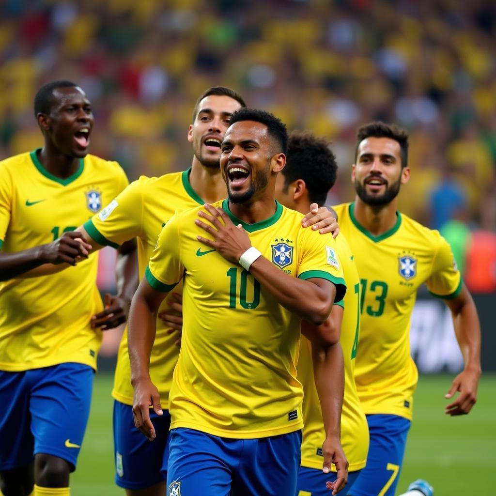 Brazilian footballers celebrate a victory.