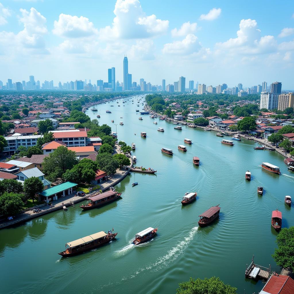 Can Tho cityscape along the Mekong River with boats and bustling activity.