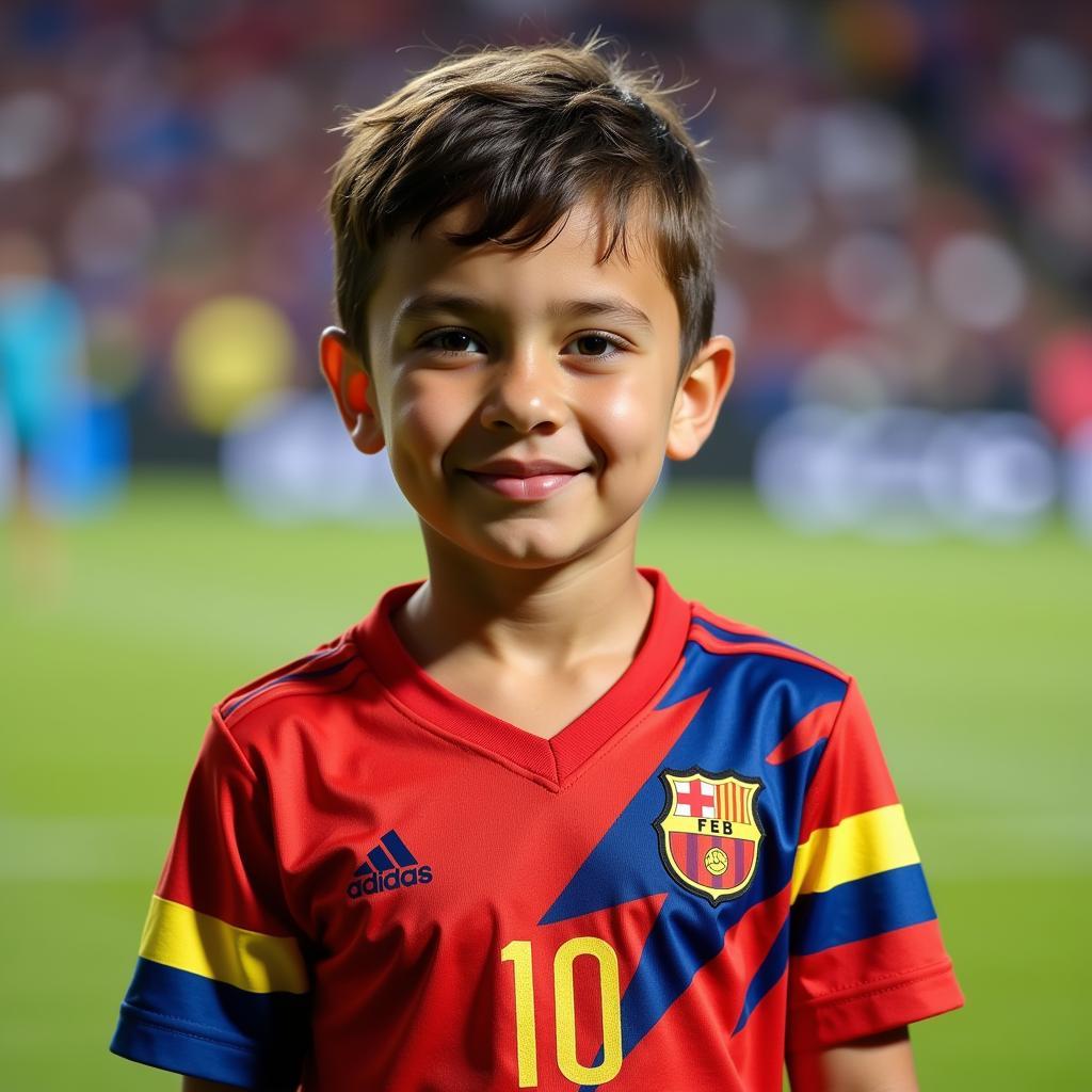 Young Football Player in Catalan and Venezuelan Colors