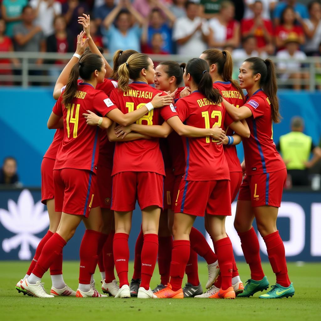 Vietnamese women's football team celebrates a goal, highlighting the team's success and camaraderie.