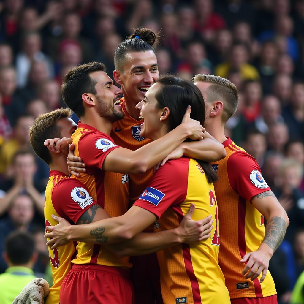 Soccer players celebrating a dramatic goal, their expressions radiating joy and triumph.