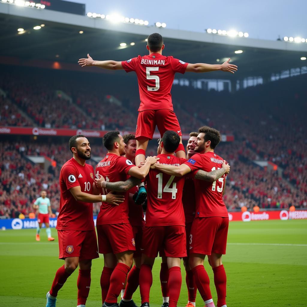 A team celebrates a goal scored by a substitute, showcasing the team spirit and importance of every player's contribution.