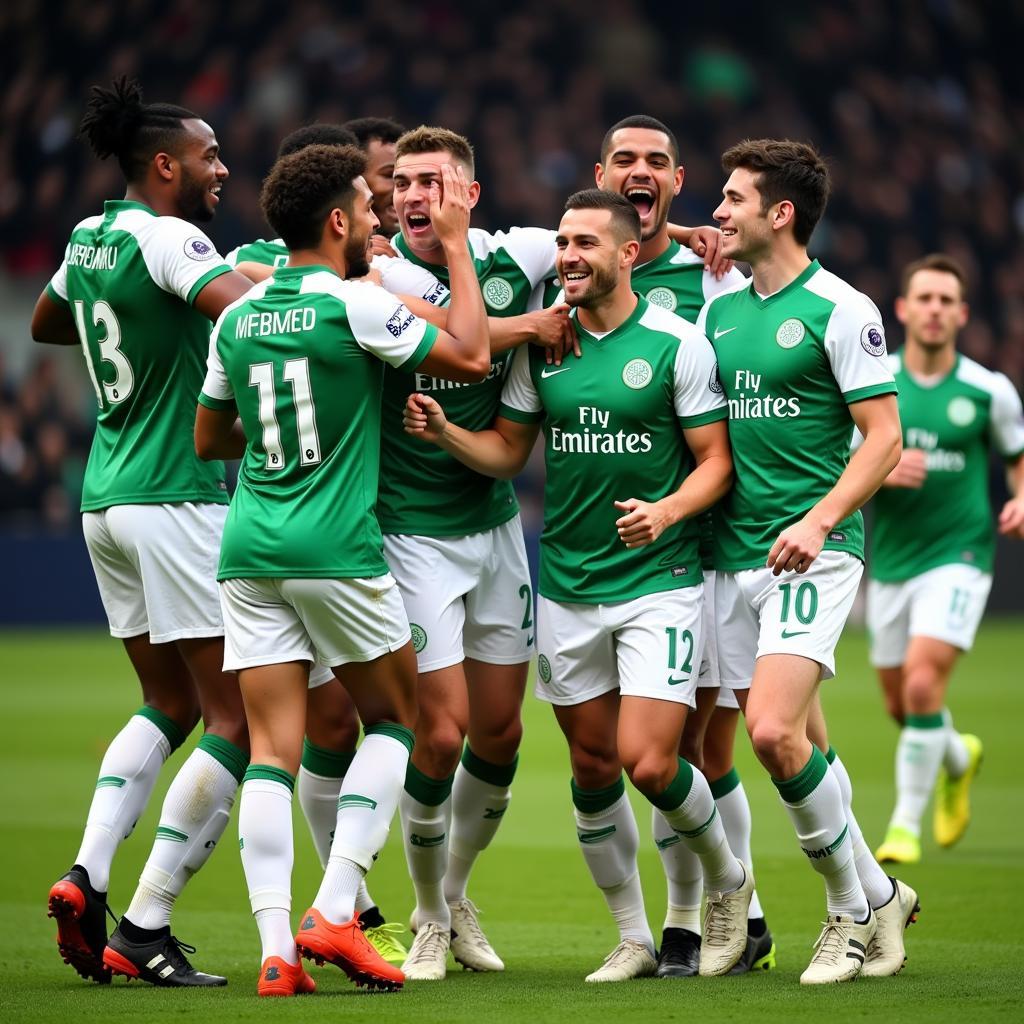 Celtic players celebrating a goal together