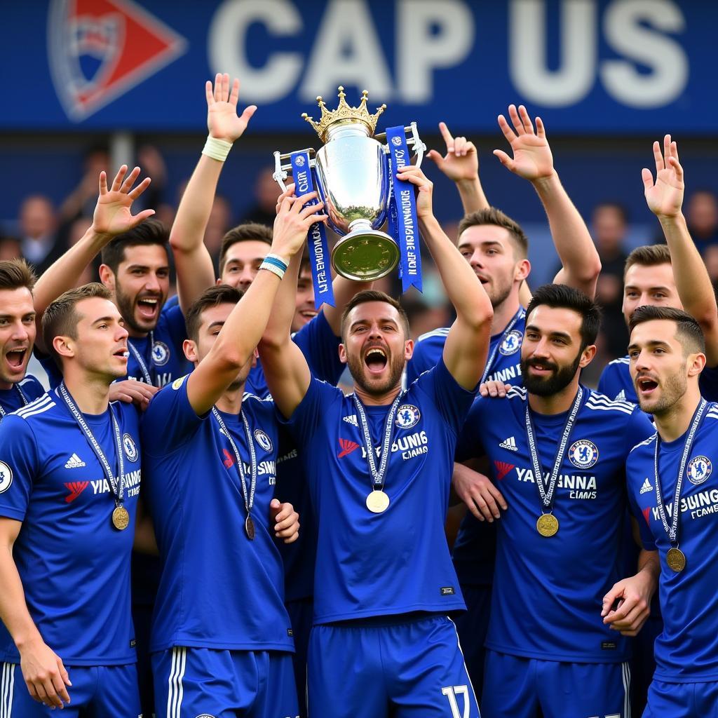 Chelsea Players Celebrating with the Premier League Trophy in 2016