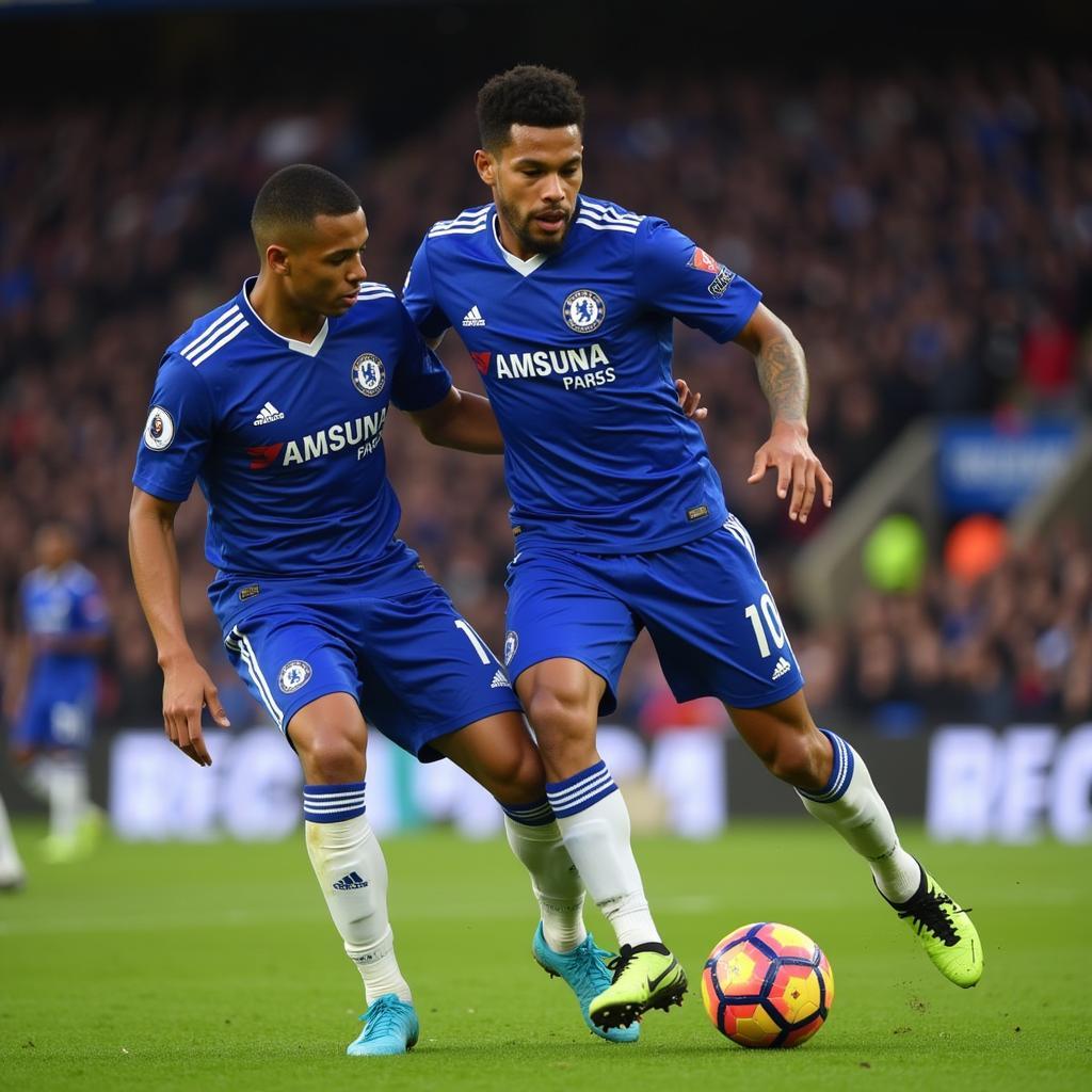 Chelsea defenders Thiago Silva and Reece James coordinating their defense.