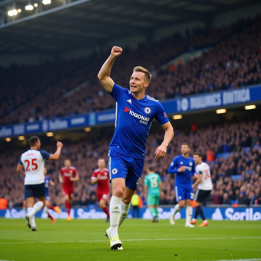 Erling Haaland celebrates a goal in a hypothetical Chelsea kit