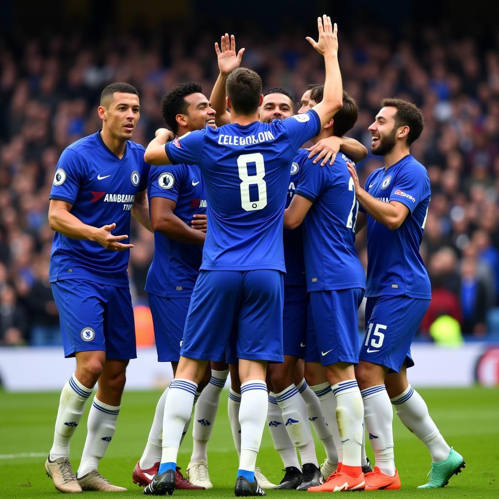 Chelsea players celebrating a goal together, highlighting team spirit.