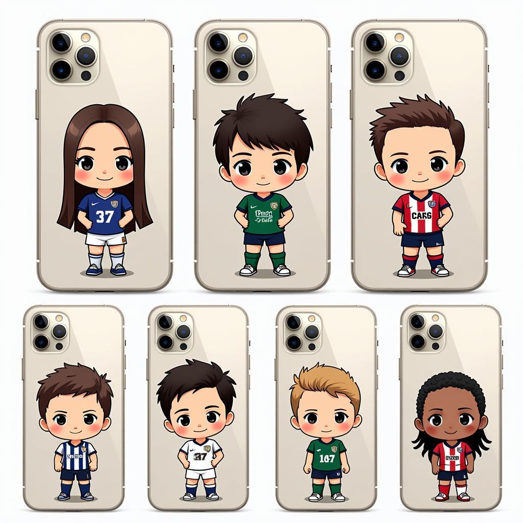 Various phone cases featuring chibi football players.