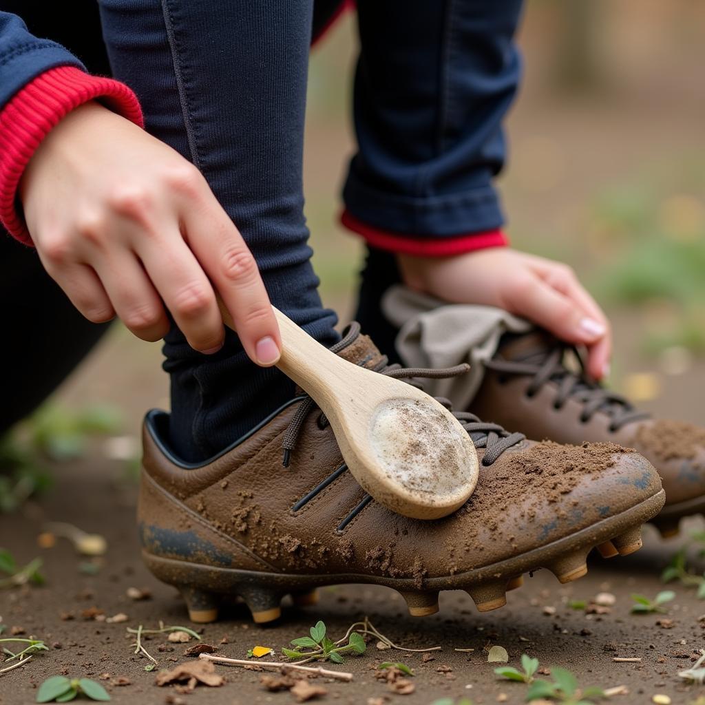 A child cleaning their football boots