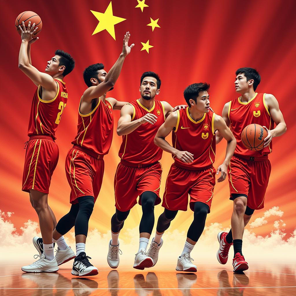 The Chinese National Basketball team competing in an international tournament.