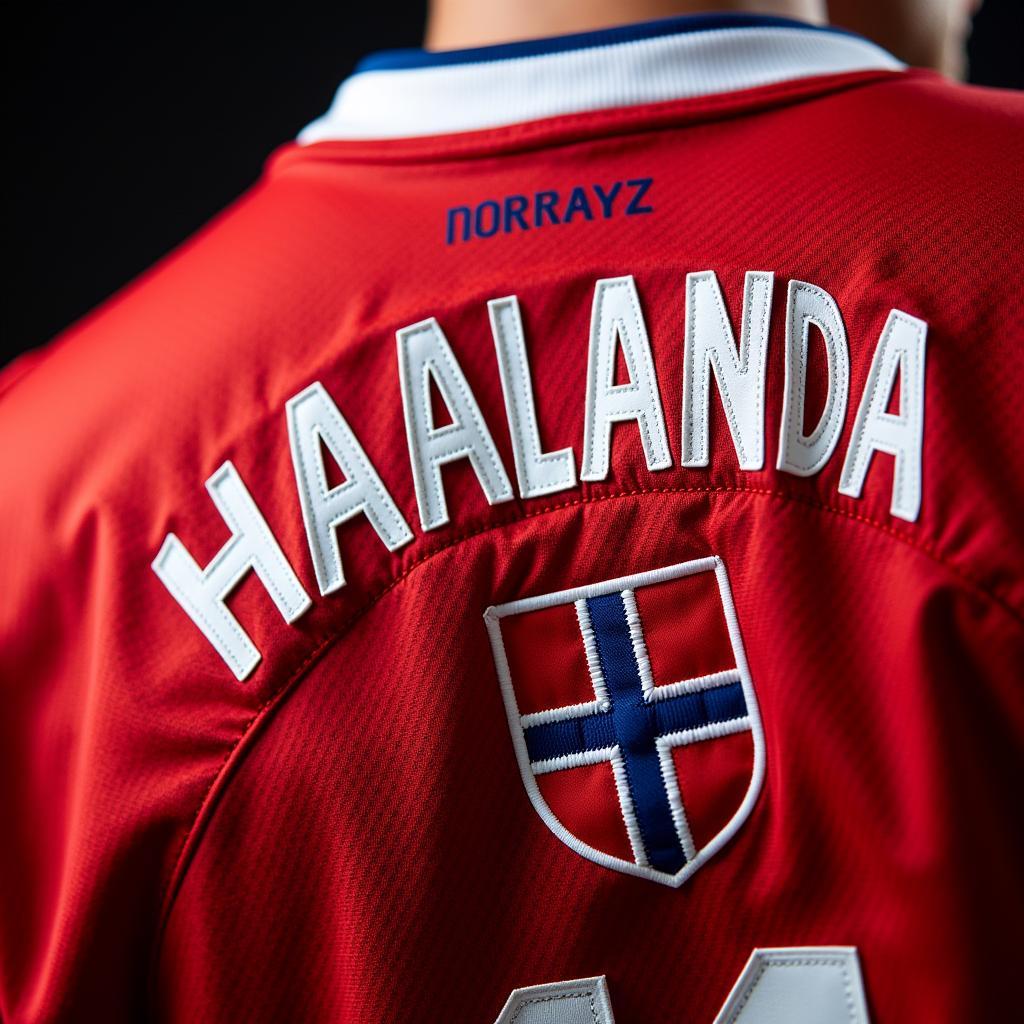 Close-up view of the Landslagsdrakt Norge Haaland jersey