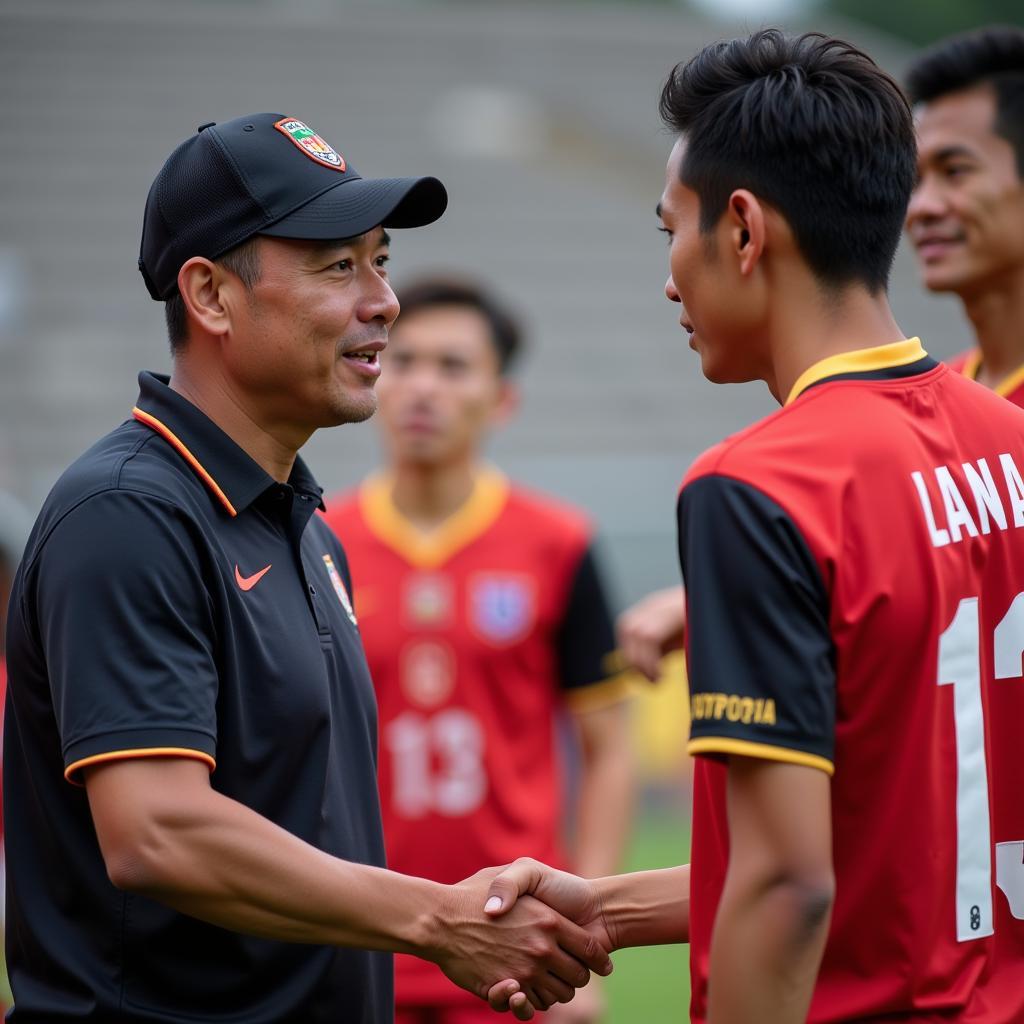 Coach Park Hang-seo extends his hand to a Lao player, showing respect and fair play.