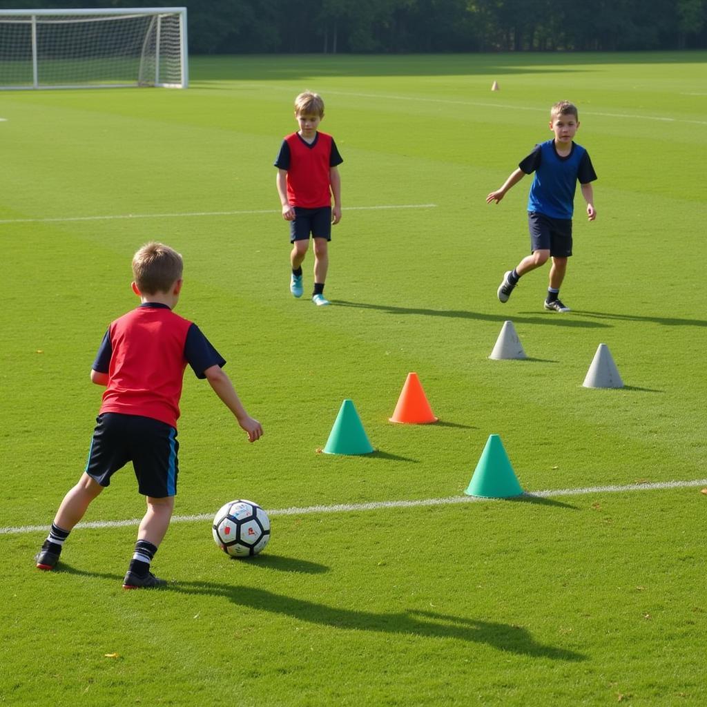 Young Footballers Practicing Cone Dribbling