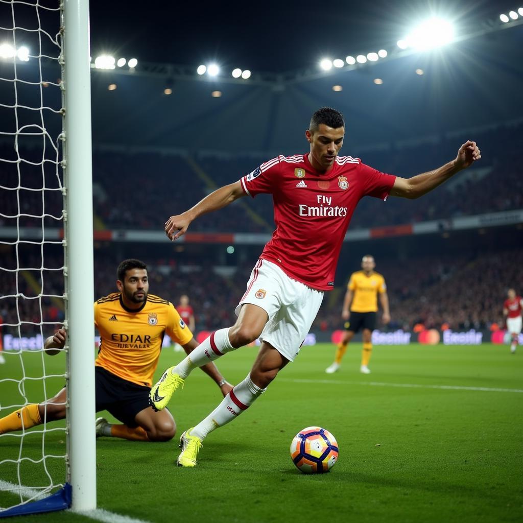 Cristiano Ronaldo confidently scoring a penalty kick in a crucial game.