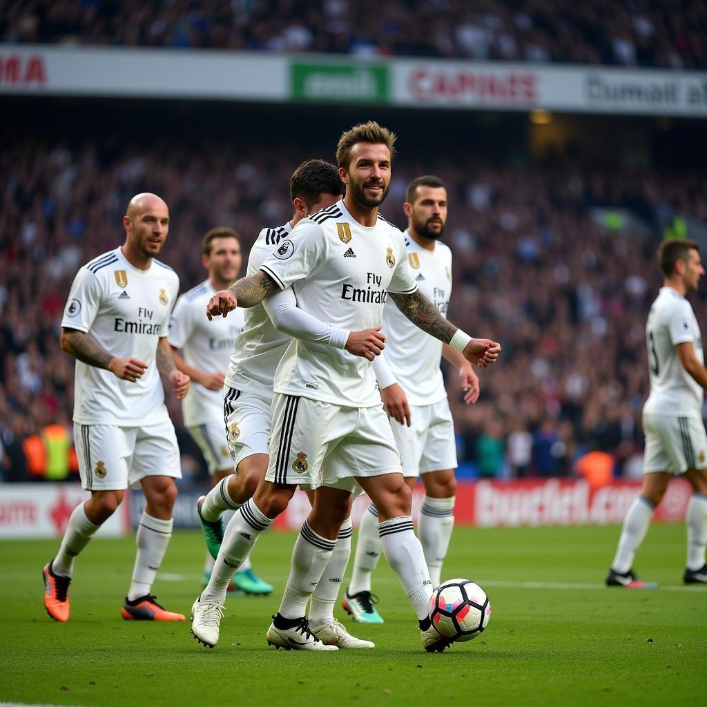 David Beckham celebrates a goal in his Real Madrid jersey