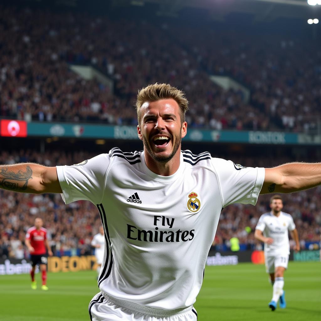 David Beckham celebrates a goal for Real Madrid