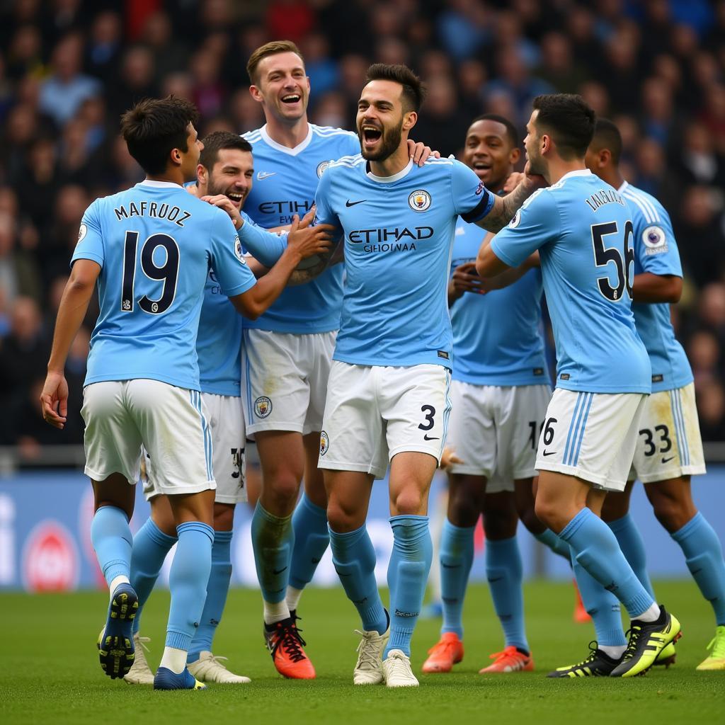 David Silva celebrates a goal with his Man City teammates