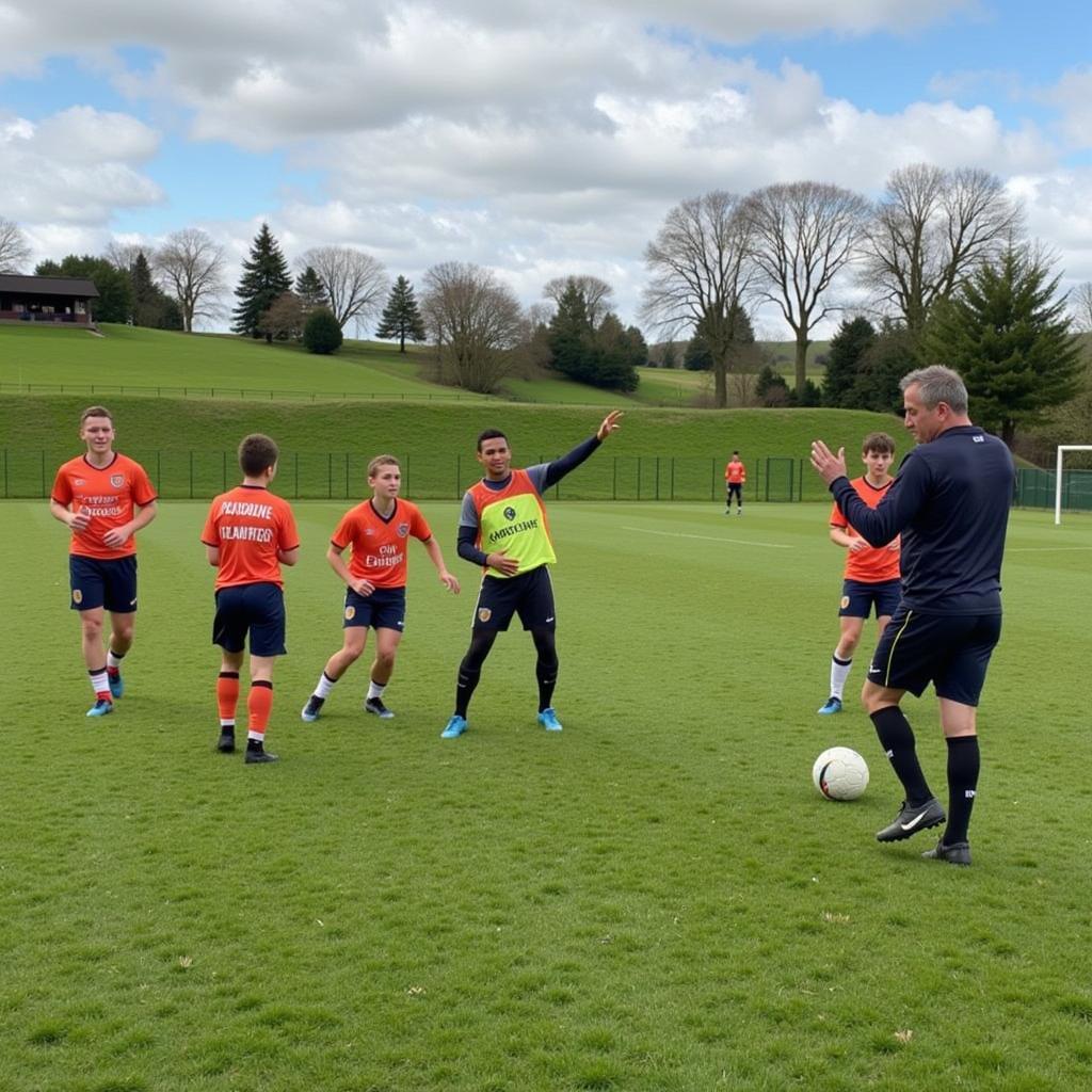 Players practicing defensive drills to avoid own goals