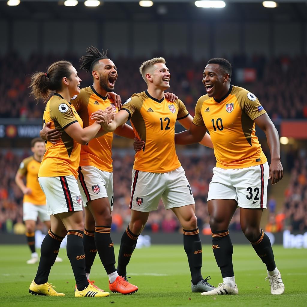 Strikers of Different Heights Celebrating a Goal