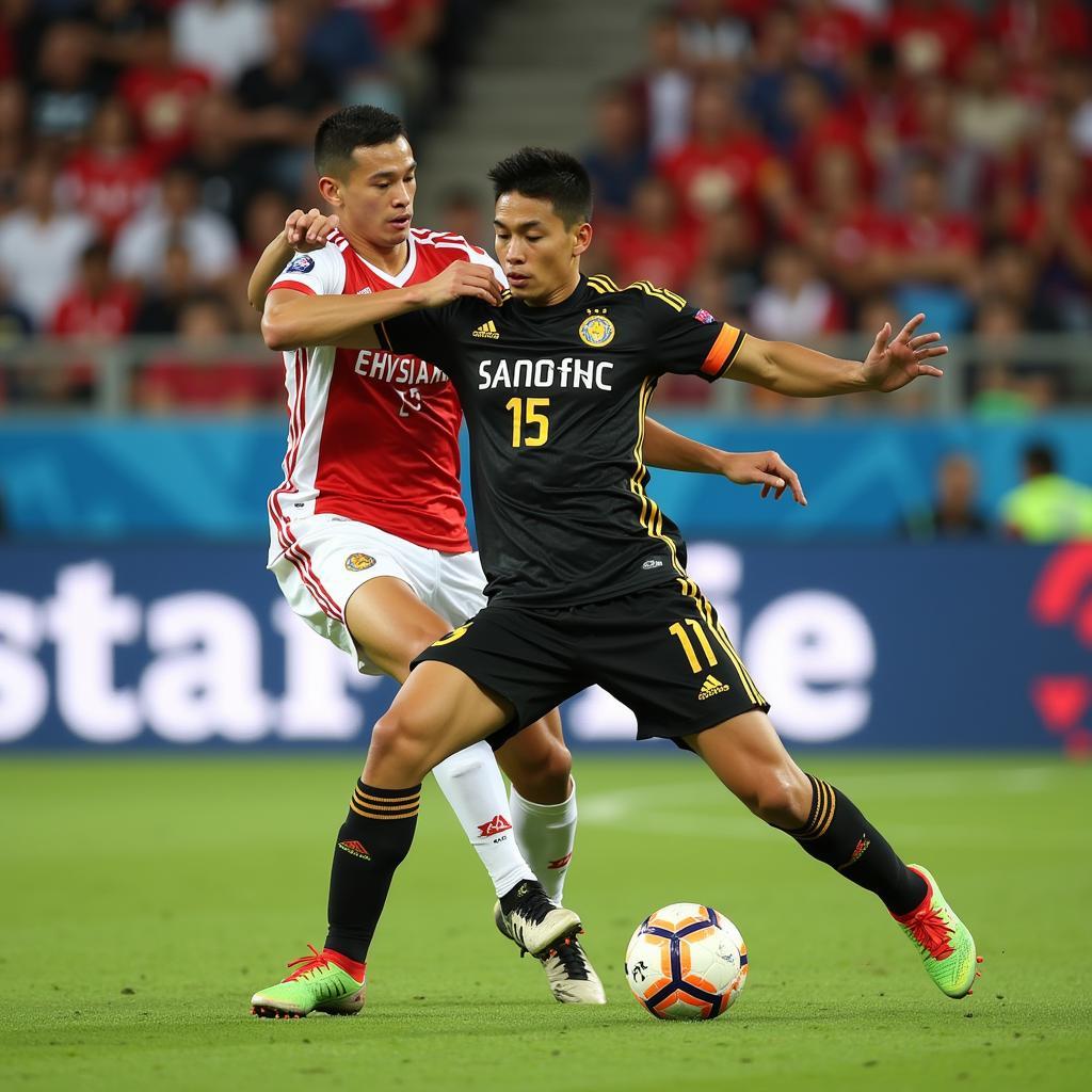 Do Duy Manh, a defender for Hanoi FC, in action during a Vietnamese football match.