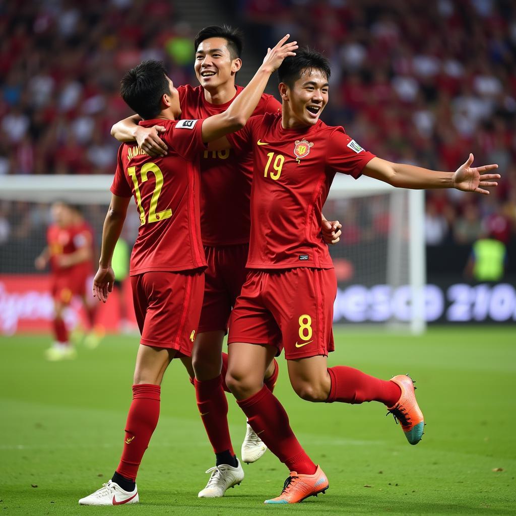 Do Hung Dung celebrates a goal with his Vietnamese teammates