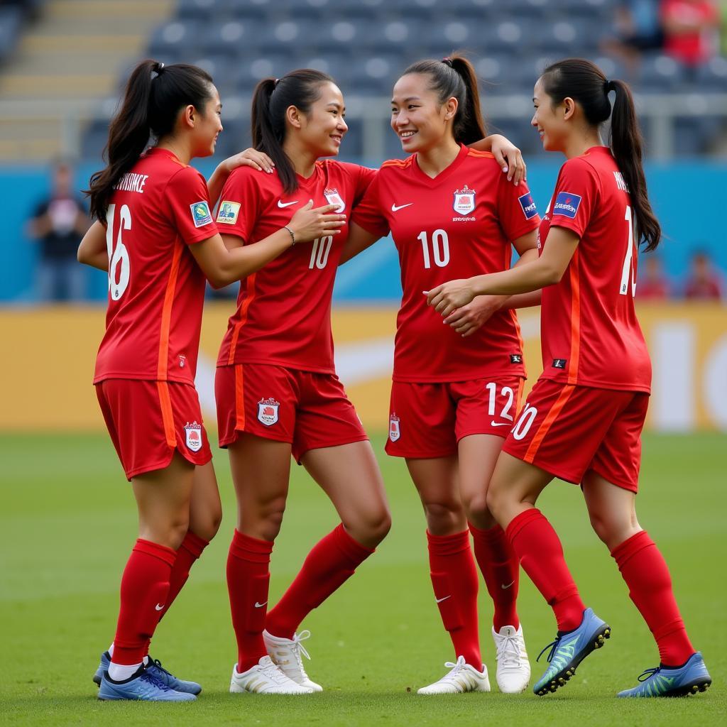 Doan Thi Huong interacting with her teammates