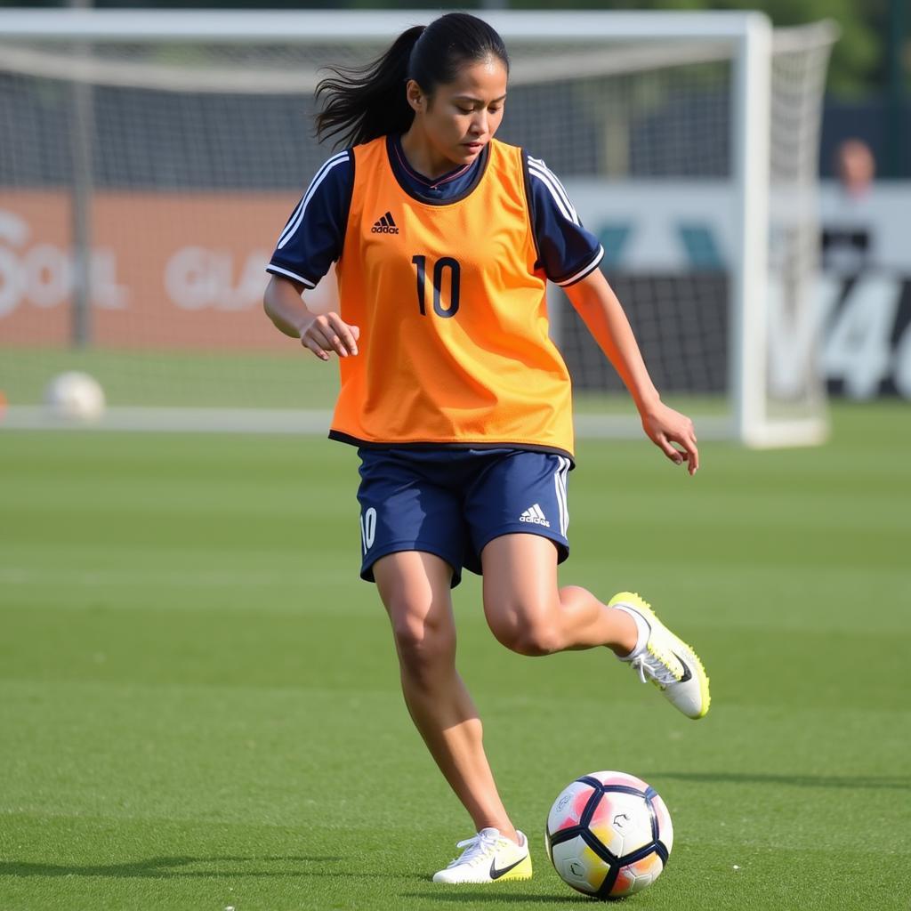 Doan Thi Huong practicing her football skills