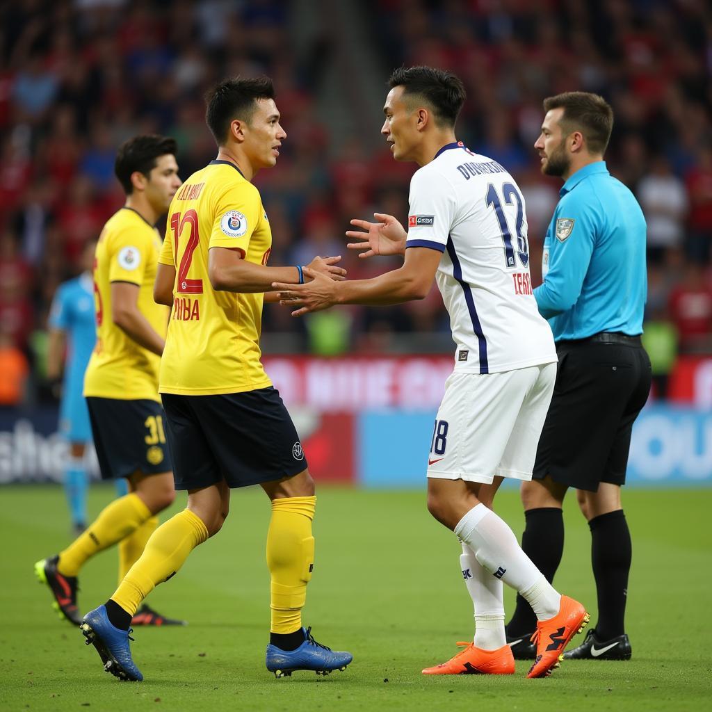 Duy Mạnh interacts with the Uzbekistan player after the challenge.