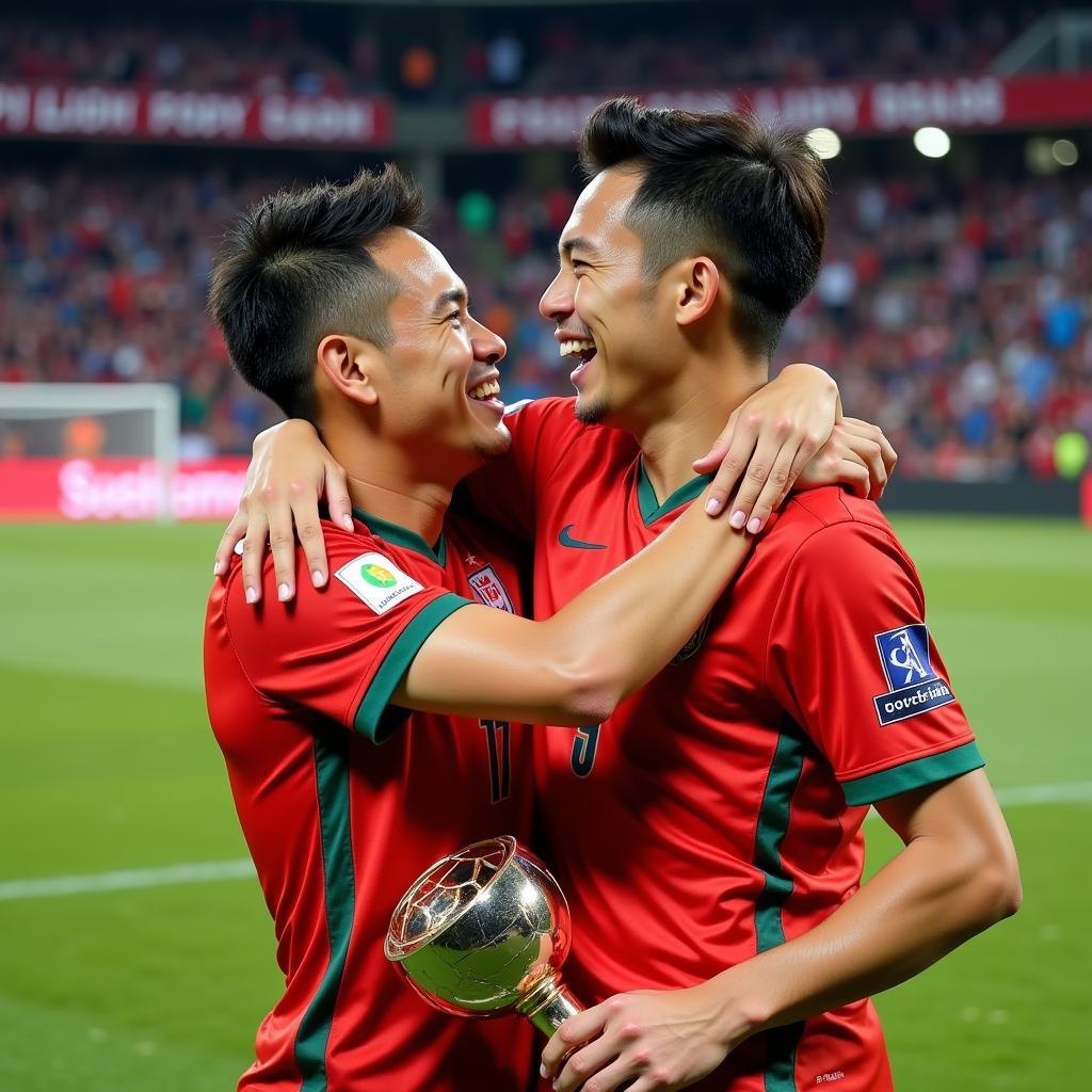 Duy Manh and Quynh Anh celebrating a victory together