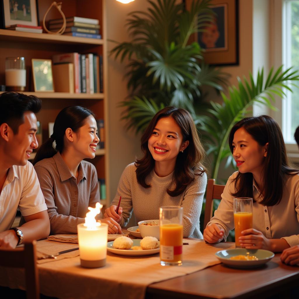 Duy Manh and his wife attending a family gathering, showcasing their close relationship and offering a glimpse into her family background.