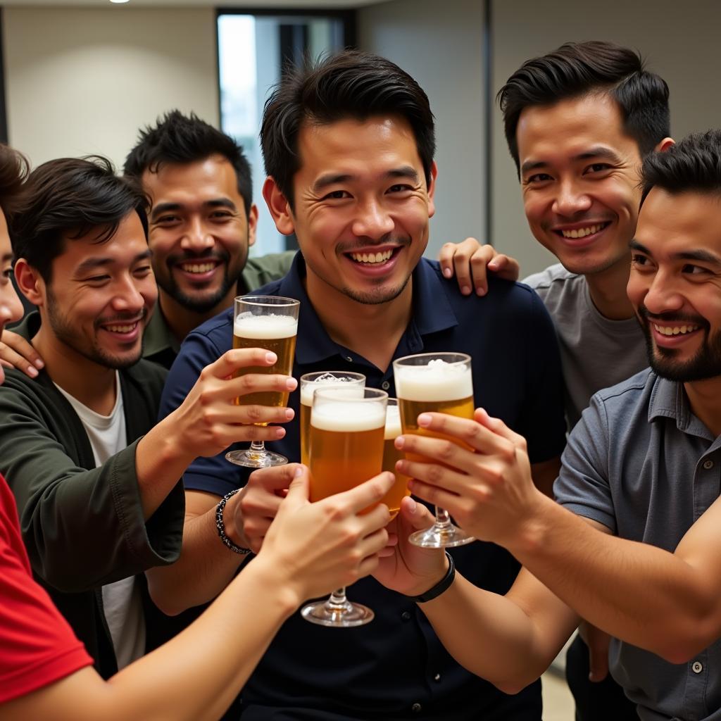 Duy Manh celebrating with his teammates after the wedding.