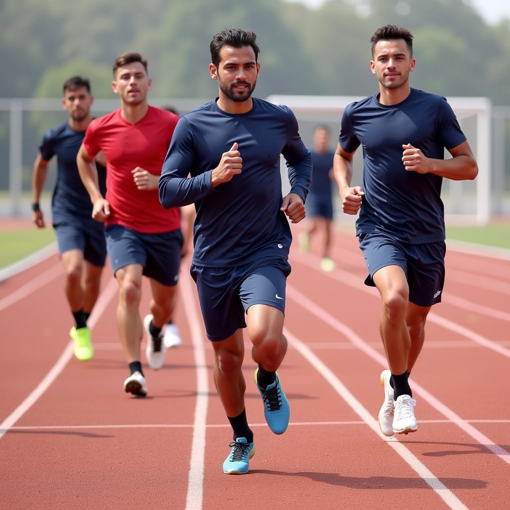 Football players engaged in endurance training, including long-distance runs and interval training