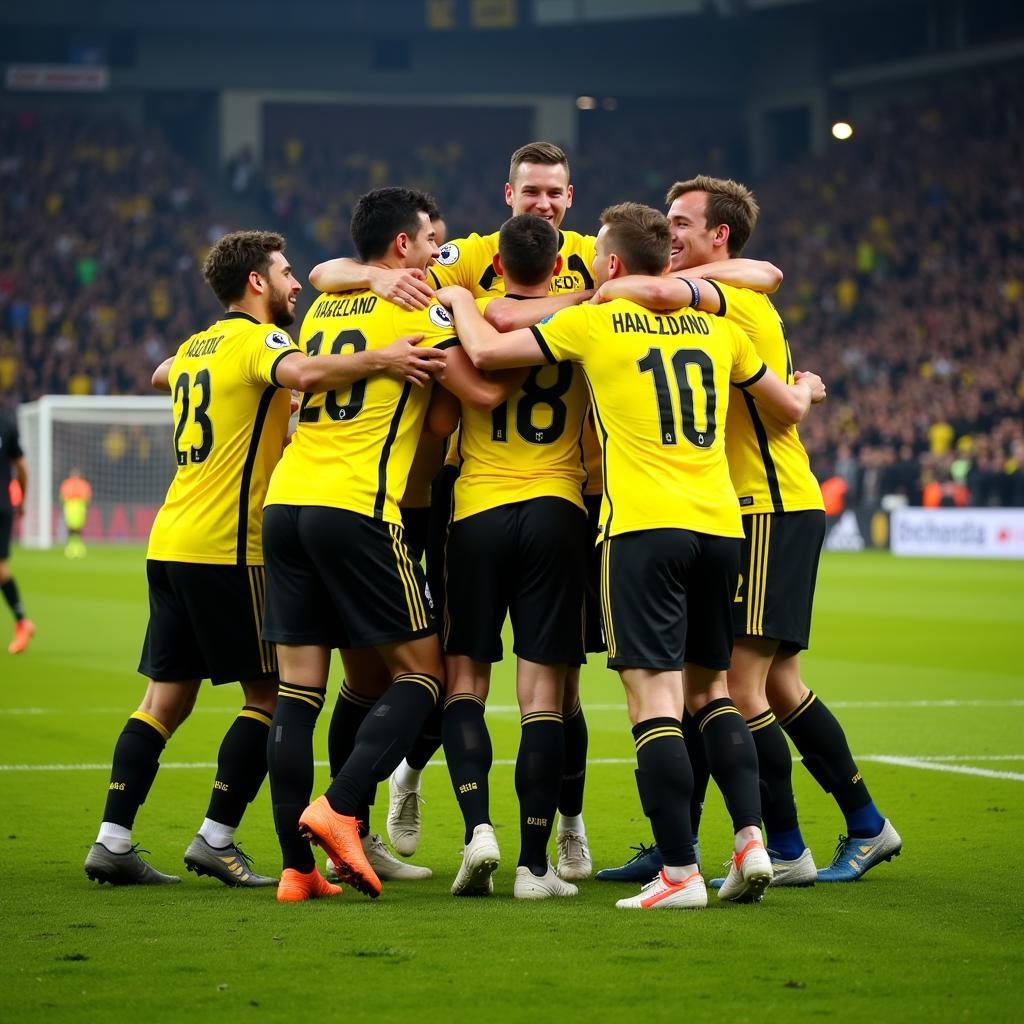 Erling Haaland celebrating with Borussia Dortmund teammates in the Bundesliga