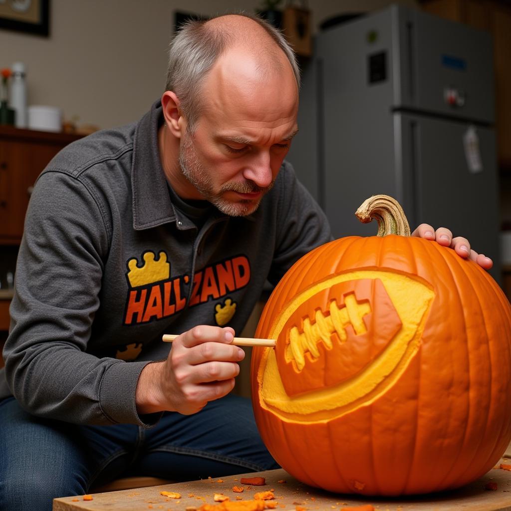 Erling Haaland Carving a Football-Shaped Pumpkin for Halloween