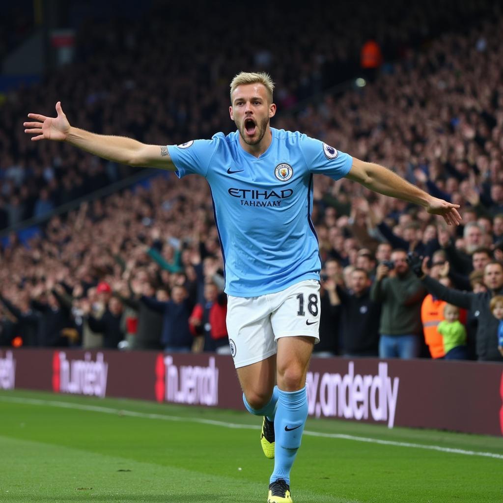 Erling Haaland celebrates scoring a goal for Man City