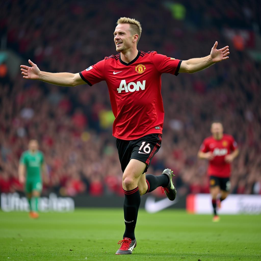 Erling Haaland Celebrating a Goal in a Manchester United Kit