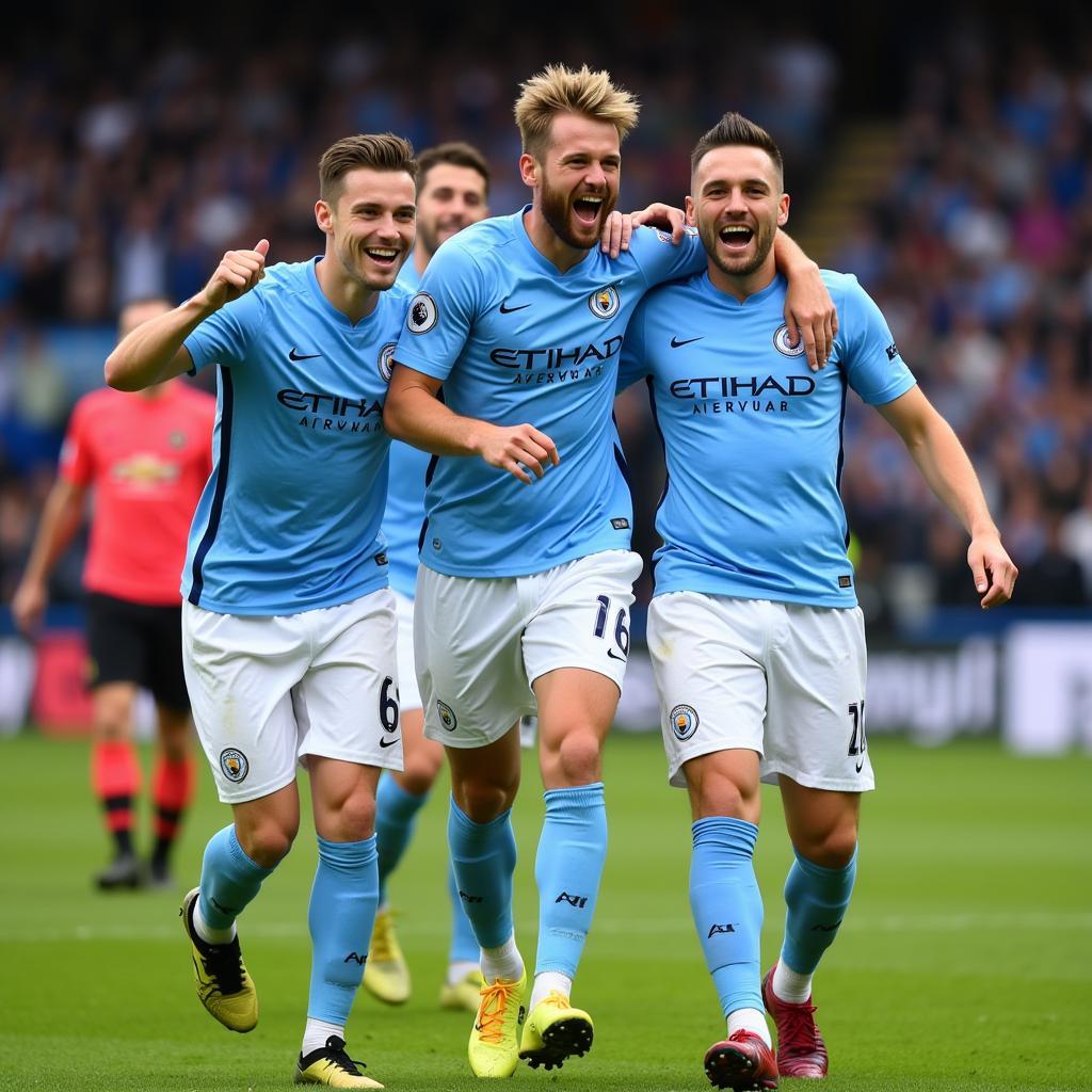 Erling Haaland celebrating a goal with Manchester City teammates