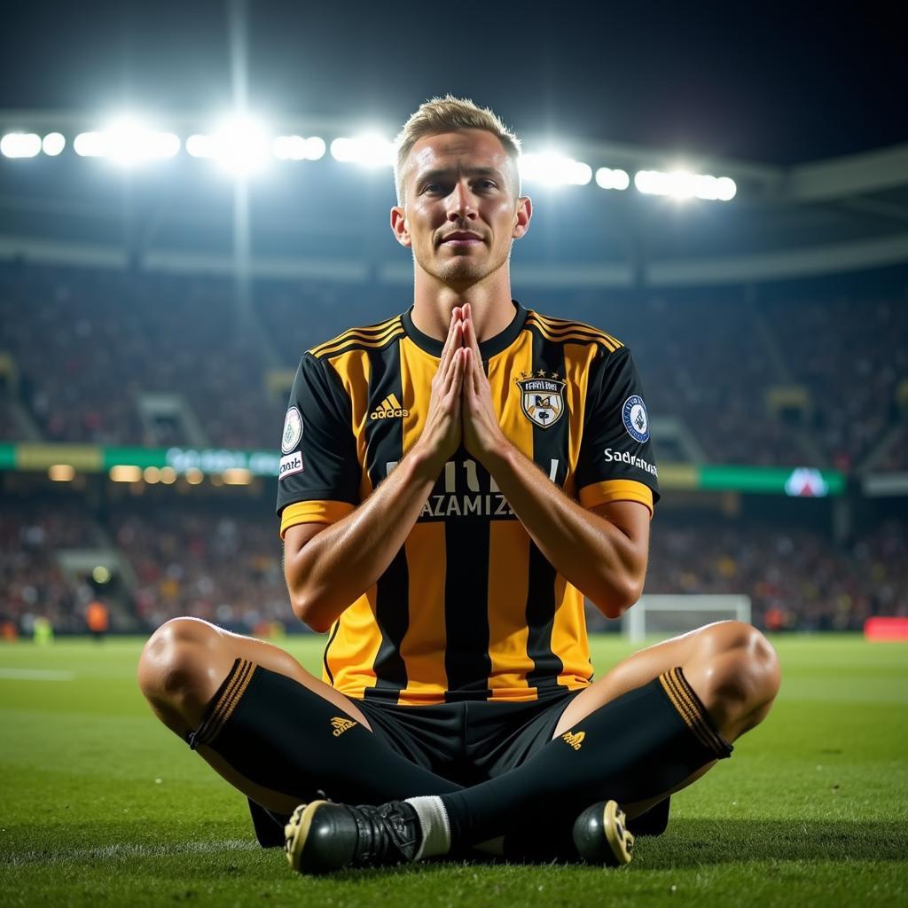 Erling Haaland celebrates a goal with his signature meditation pose.