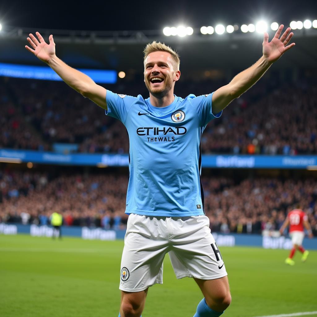 Erling Haaland celebrates a goal for Manchester City with his signature meditation pose.