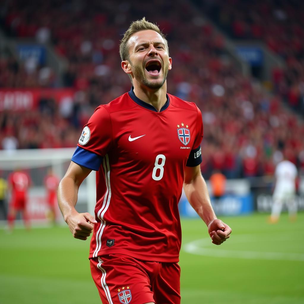 Erling Haaland celebrating a goal while playing for Norway.